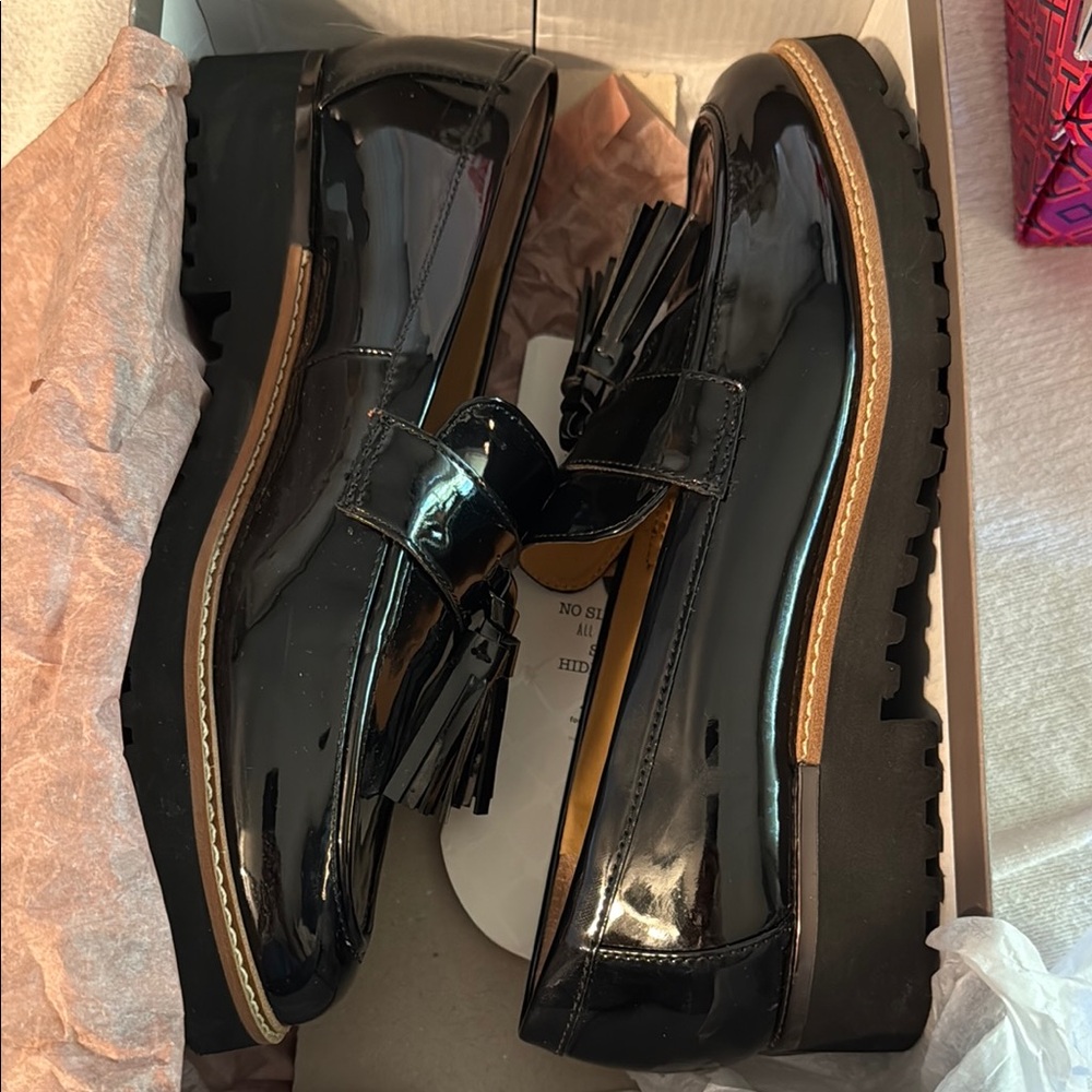 Franco Sarto Black Patent Leather Loafers with Tassel Detail